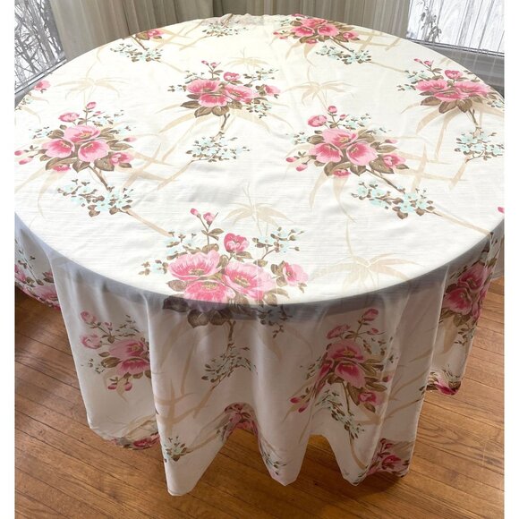 Vintage 60s curtain, pink, blue and tan flowers, leaves, single sheer panel - Picture 1 of 10